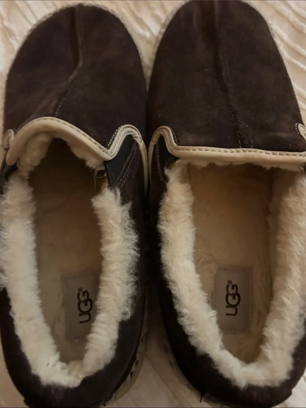 UGG Men's Dark Brown Suede Slip-On Loafers with Cream Shearling